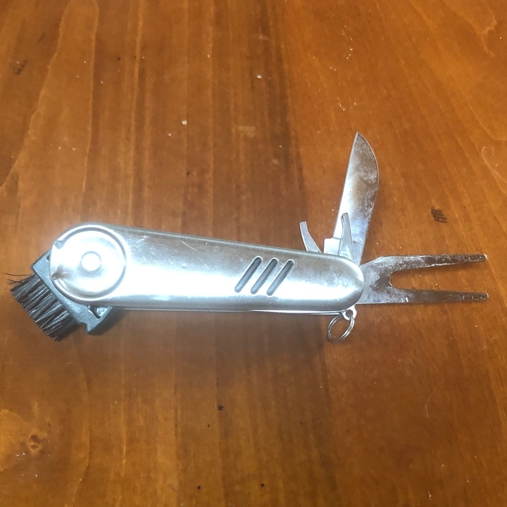 Stainless Steel Myron Swiss Style Multi-Tool Golf Brush with Divot Repair Fork